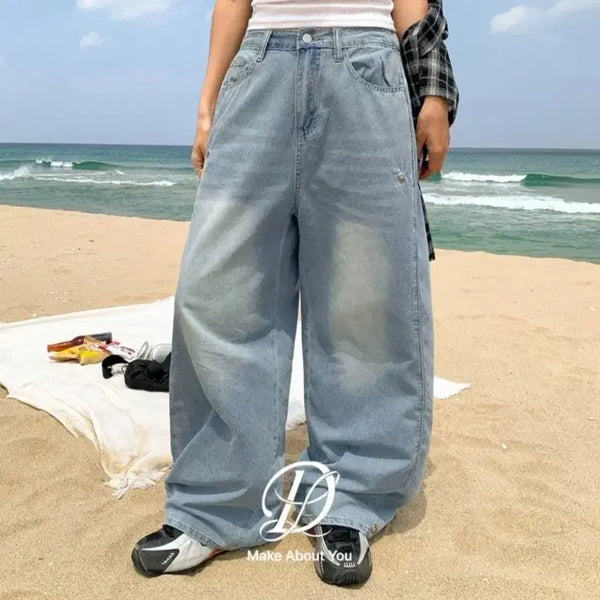 [BUNJANG] Dangdanggirl Back-Banded Washed Denim Pants Light Blue / 당당걸 와이드 뒷밴딩 워싱 데님 팬츠 연청