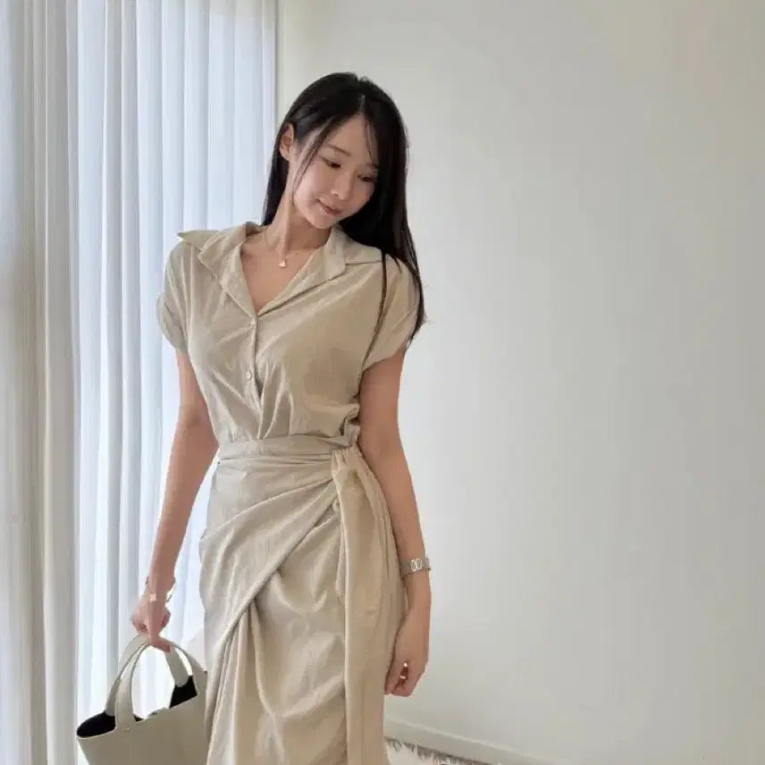 [BUNJANG] Linen Twist Short Sleeve Wrap Dress Beige / [새상품] 린넨 꼬임 반팔 셔츠 랩 원피스 베이지