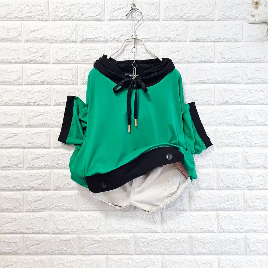 [BUNJANG] Oversized Green Short-Sleeve Hoodie T-Shirt / 박시 후드 티셔츠