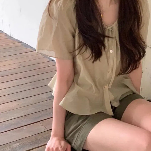 [BUNJANG] Objet Roi String Blouse Khaki / 택o새제품) 오브제 object 로에 스트링 블라우스 카키