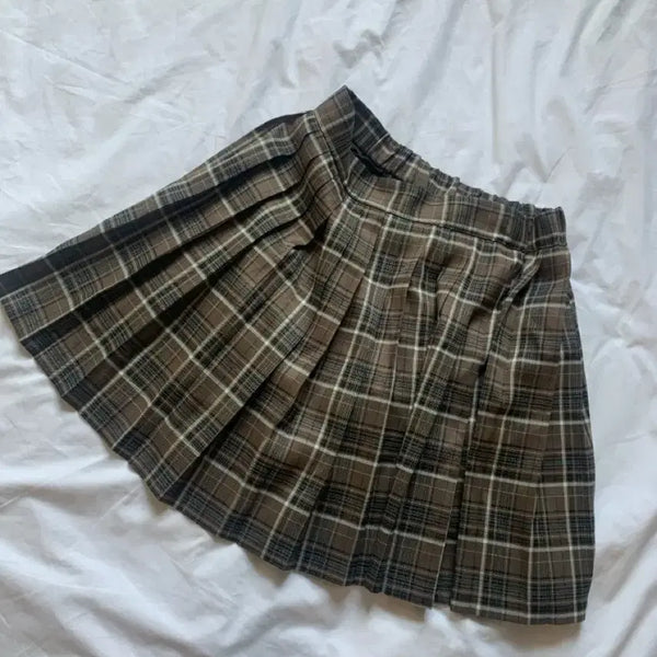 [BUNJANG] Brown Check Pleated Mini Skirt with Elastic Waistband / 새상품 체크 플리츠 밴딩 미니스커트 체크치마 밴딩