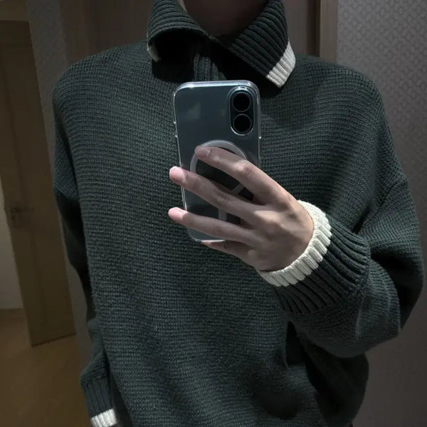[BUNJANG] Main Booth Layered Color Block Khaki Knit Sweater / 메인부스 레이어드 배색 카키 니트 스웨터