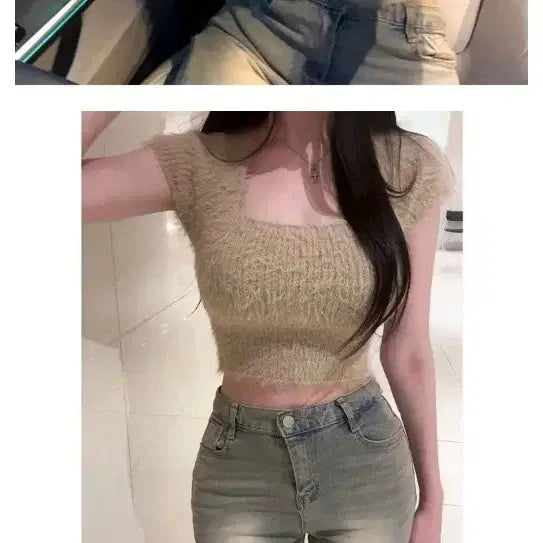[BUNJANG] IReve Angora Cropped Short Sleeve Knit Beige / 아이레브 헤어리 앙고라 크롭 반팔 니트 베이지