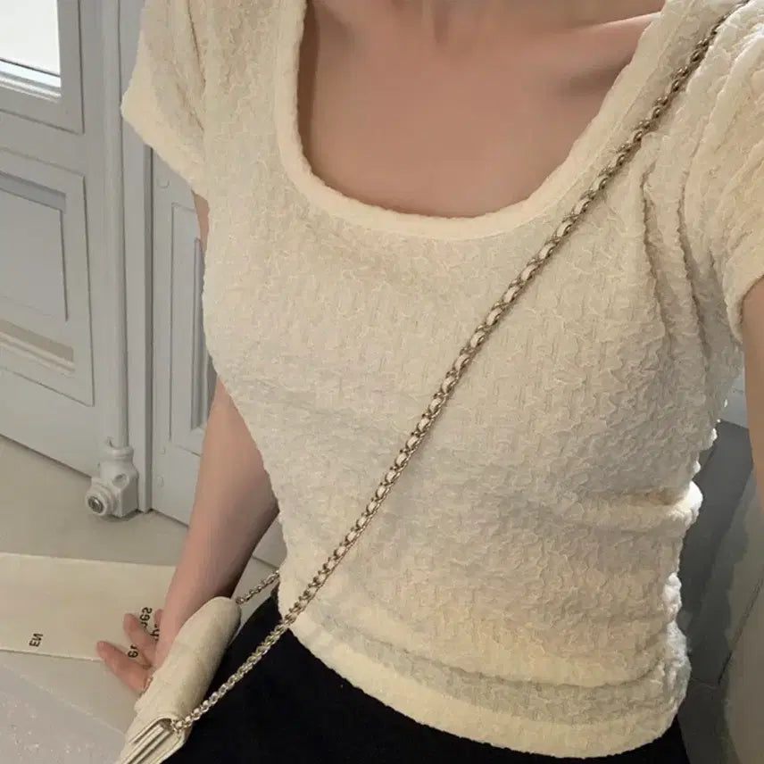 [BUNJANG] Pasteltime Punching Square Neck T-Shirt / (새상품)파스텔타임 펀칭 스퀘어넥 티셔츠 리에뜨