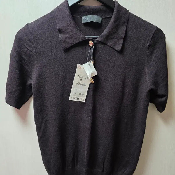 [BUNJANG] ZARA Collar Neck Short Sleeve Knit - Brown/Burgundy Mix - Size M / 자라 카라넥 반팔 니트 M