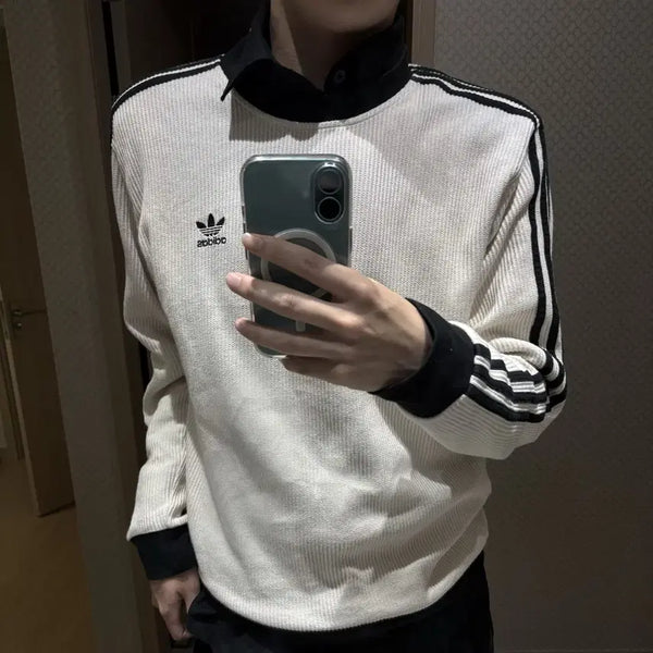 [BUNJANG] Adidas Originals Adicolor Waffle Crewneck Sweatshirt / [L] 아디다스 오리지널스 아디컬러 와플 크루넥 맨투맨 (화이트/블랙)