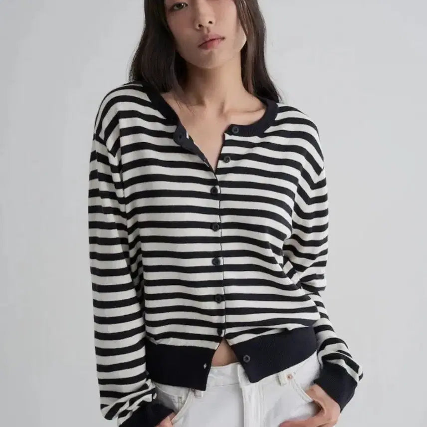 [BUNJANG] 8seconds Casual Striped Cardigan Navy M / [2번착용/네이비/M]에잇세컨즈 캐주얼 스트라이프 가디건