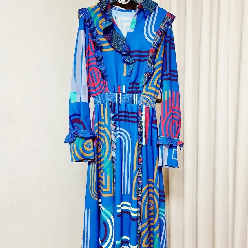 [BUNJANG] SYSTEM Cobalt Blue Pleated Ruffle Tiered Midi Dress / 정품) 한섬 시스템(SYSTEM) 플리츠 러플패턴 프릴원피스