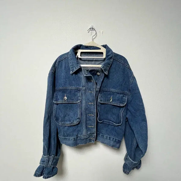 [BUNJANG] Mid-Wash Denim Jacket with Waist Drawstring Detail / 청 데님 자켓 중청자켓 허리조임 포인트