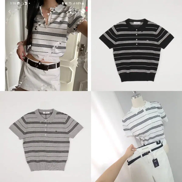 [BUNJANG] Stripe Viscose Short-Sleeve Knit Top / 새-ni-단가라 비스코스 반팔니트