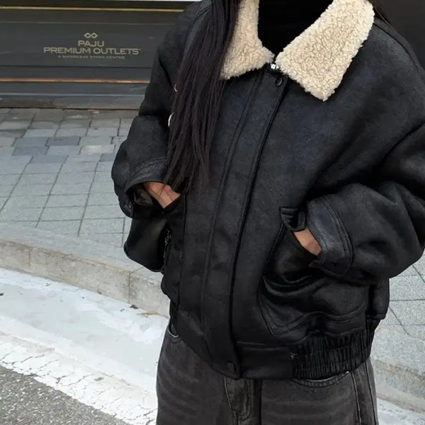 [BUNJANG] Black Faux Suede Mustang Jumper / 퍼 스웨이드 무스탕 점퍼 블랙