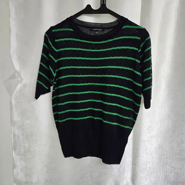 [BUNJANG] Plastic Island Striped Short Sleeve Knit Top / 플라스틱아일랜드 검정/초록 줄무늬 반팔 니트 (2056)