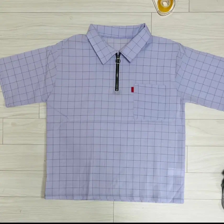 [BUNJANG] Check Pattern Half-Zip Pocket Short-Sleeve T-Shirt Lavender / 새상품 체크패턴 반집업 포켓 반팔티셔츠 라벤더