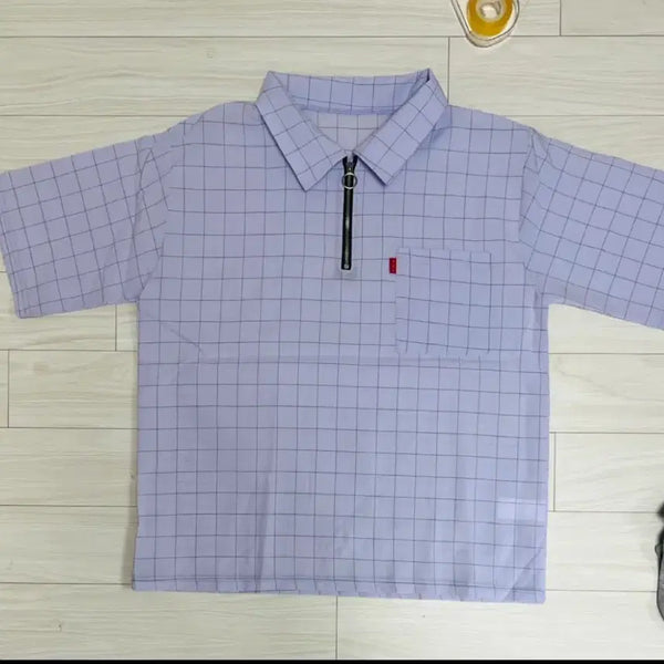 [BUNJANG] Check Pattern Half-Zip Pocket Short-Sleeve T-Shirt Lavender / 새상품 체크패턴 반집업 포켓 반팔티셔츠 라벤더