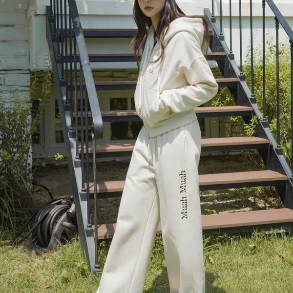 [BUNJANG] Muah Muah Hooded Zip-up Pants Training Set-up Brushed Cream / 무아무아 후드집업 팬츠 트레이닝 셋업 기모 크림