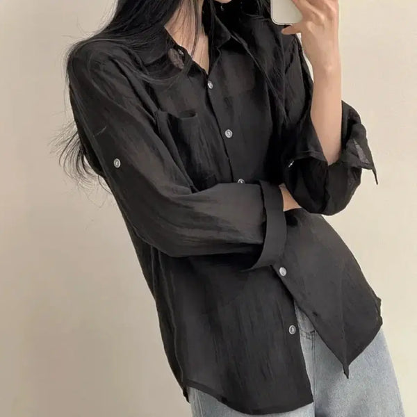[BUNJANG] ANDMORE Black See-through Gauze Loose Fit Long Sleeve Shirt / 앤드모어 블랙 시스루 루즈핏 거즈 남방 긴팔셔츠