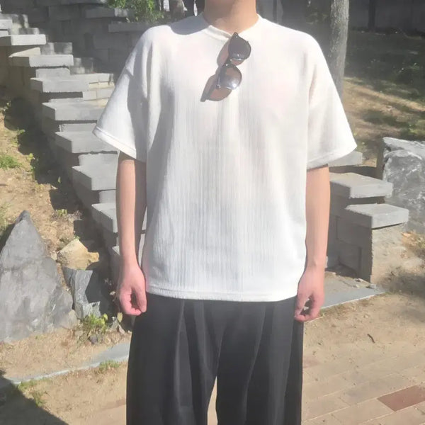 [BUNJANG] Ivory Ribbed Short Sleeve T-Shirt / 아이보리 골지 반팔 티셔츠