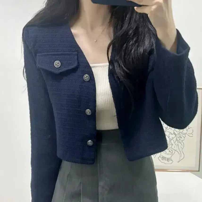 [BUNJANG] Navy Collarless Tweed Crop Jacket / 노카라 트위드 크롭 자켓