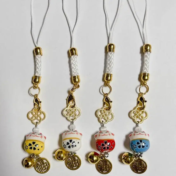 [BUNJANG] Maneki Neko Cat Beaded Keychain with Bell / 마네키네코 비즈 키링 고양이 핸드폰줄 방울 기원