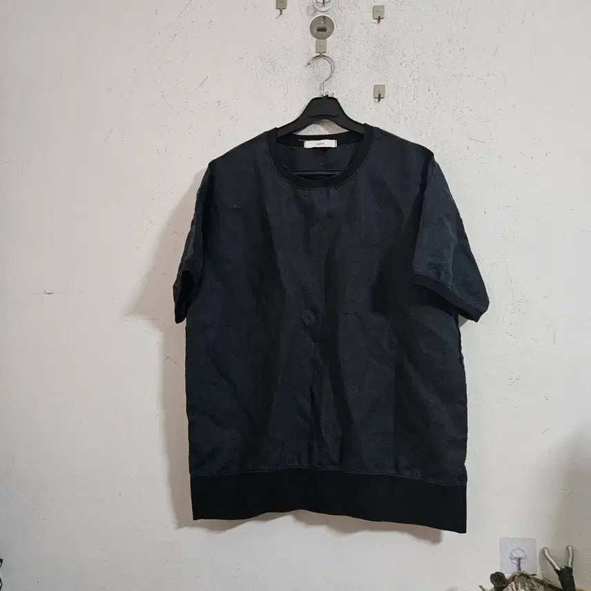 [BUNJANG] Linen Black Short Sleeve T-Shirt / 린넨블랙 .반팔 티셔츠