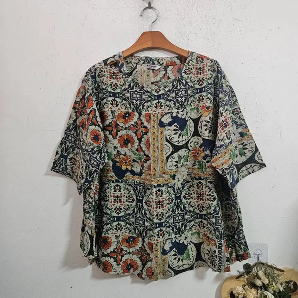 [BUNJANG] Floral Pattern Short-Sleeve Blouse / 인견셔츠 플라워 패턴 반팔 블라우스