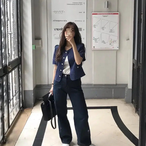 [BUNJANG] Archive J2U Indigo Blue Tweed Short Sleeve Jacket / 아카이브제이투유 인디고 블루 트위드 반팔 자켓