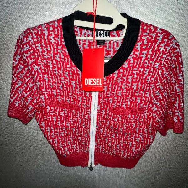 [BUNJANG] Diesel Monogram Zip-Up Cropped Knit / 디젤 모노그램 패턴 크롭 집업 니트