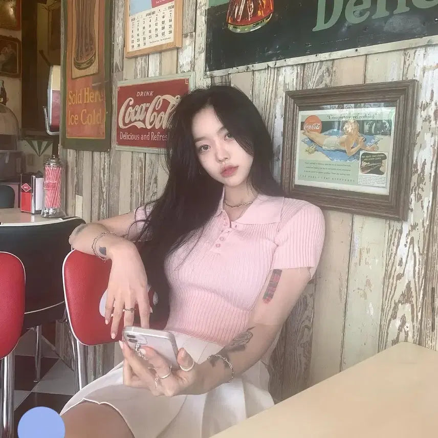 [BUNJANG] Pale Jade Pink MAC Collar Short Sleeve Knit / palejade 핑크 맥 카라 반팔 니트