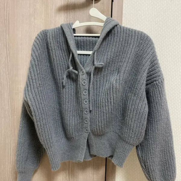 [BUNJANG] Gray Cropped Knit Hooded Cardigan / 그레이 크롭 니트 후드 가디건