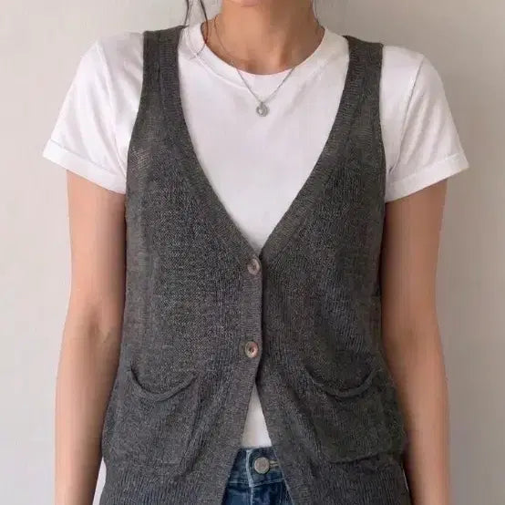 [BUNJANG] D.EXTERIOR Linen Blend Knit Vest Cardigan (Made in Italy, Charcoal Grey/Dark Brown) / [M] D.EXTERIOR 린넨 혼방 카디건 니트 베스트 (Italy)