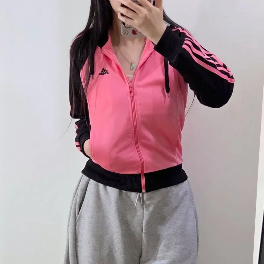 [BUNJANG] Adidas Black Pink Three-Stripes Hoodie Jersey / 아디다스 블랙 핑크 삼선 후드 져지