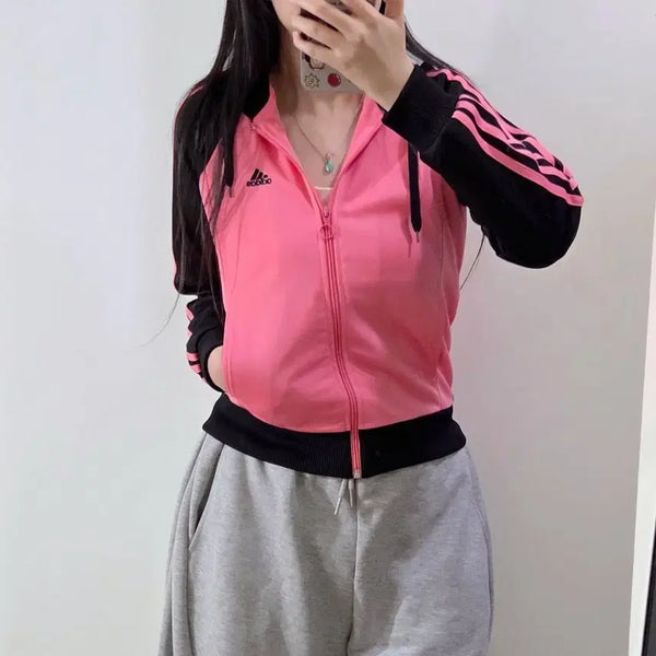 [BUNJANG] Adidas Black Pink Three-Stripes Hoodie Jersey / 아디다스 블랙 핑크 삼선 후드 져지