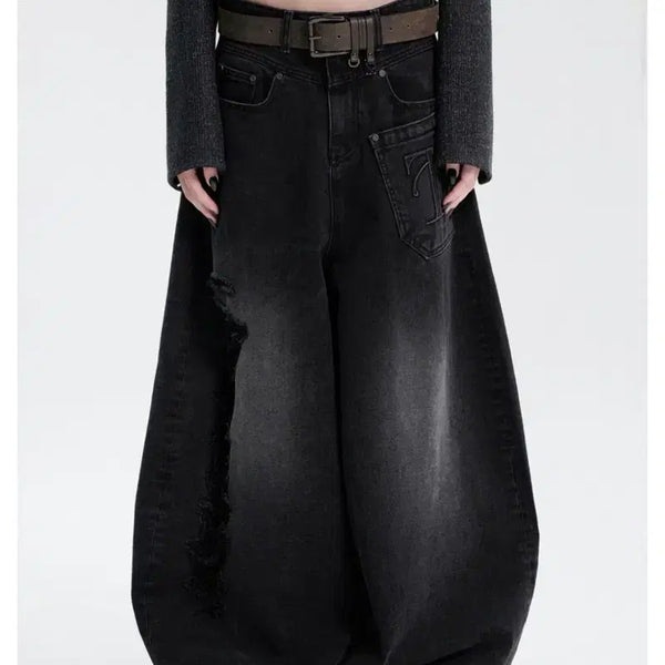[BUNJANG] Trimming Bird Balloon Fit Damage Denim Pants Black / 트리밍버드 벌룬핏 데미지 데님 팬츠 블랙