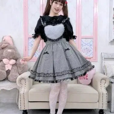 [BUNJANG] Liz Lisa Majorette Ankrous Heart Gingham Check Apron Skirt / 새상품) 리즈리사 마조레티 앙크루즈 하트 깅엄체크 에이프런 로리타 양산형