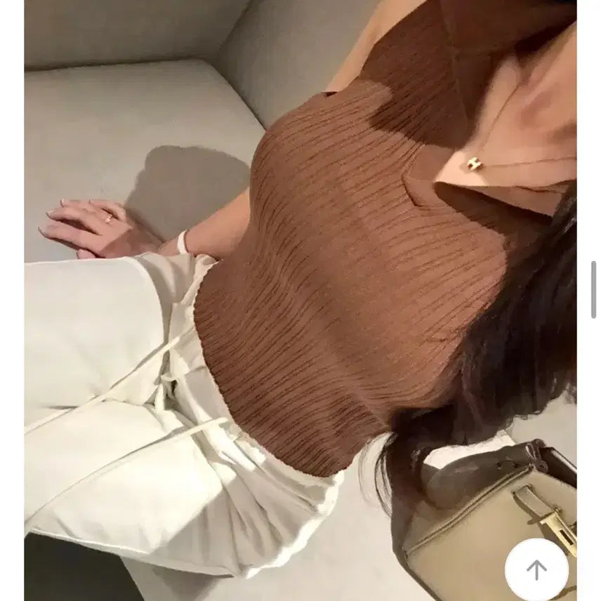 [BUNJANG] Ribbed Collar Short Sleeve Knit Brown / 골지 카라넥 반팔 니트 브라운