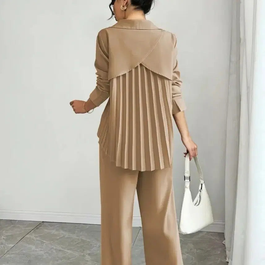 [BUNJANG] Beige Pleated Top and Bottom Set / 베이지색 플리츠 상하의 세트