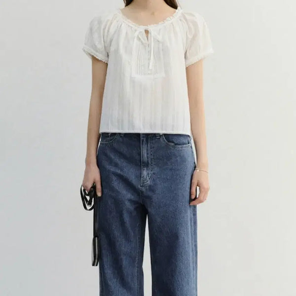 [BUNJANG] Dunst Ribbed Shirring Blouse Off White / RIBBONED SHIRRING BLOUSE OFF WHITE