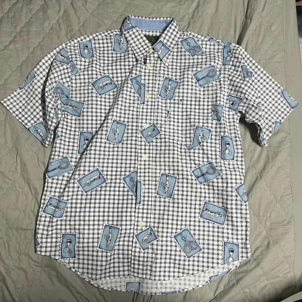 [BUNJANG] The Hunter Vintage Check Tennis Pattern Short Sleeve Shirt / 더헌터 빈티지 반팔셔츠 100 체크 테니스 패턴 반팔티