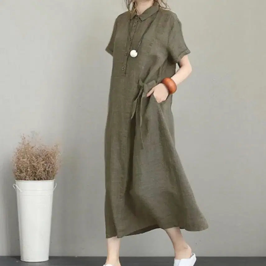 [BUNJANG] Linen Collar Loose Fit Long Dress / 린넨 카라 루즈핏 롱원피스