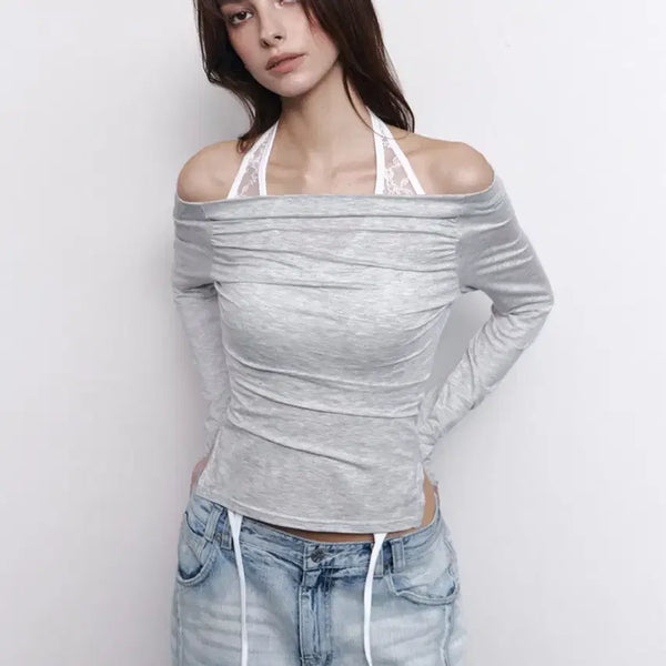 [BUNJANG] Please No Follow Seni Off-Shoulder White Mélange Top / 실사O)플리즈노팔로우 플노팔 seni 오프숄더 화이트 멜란지