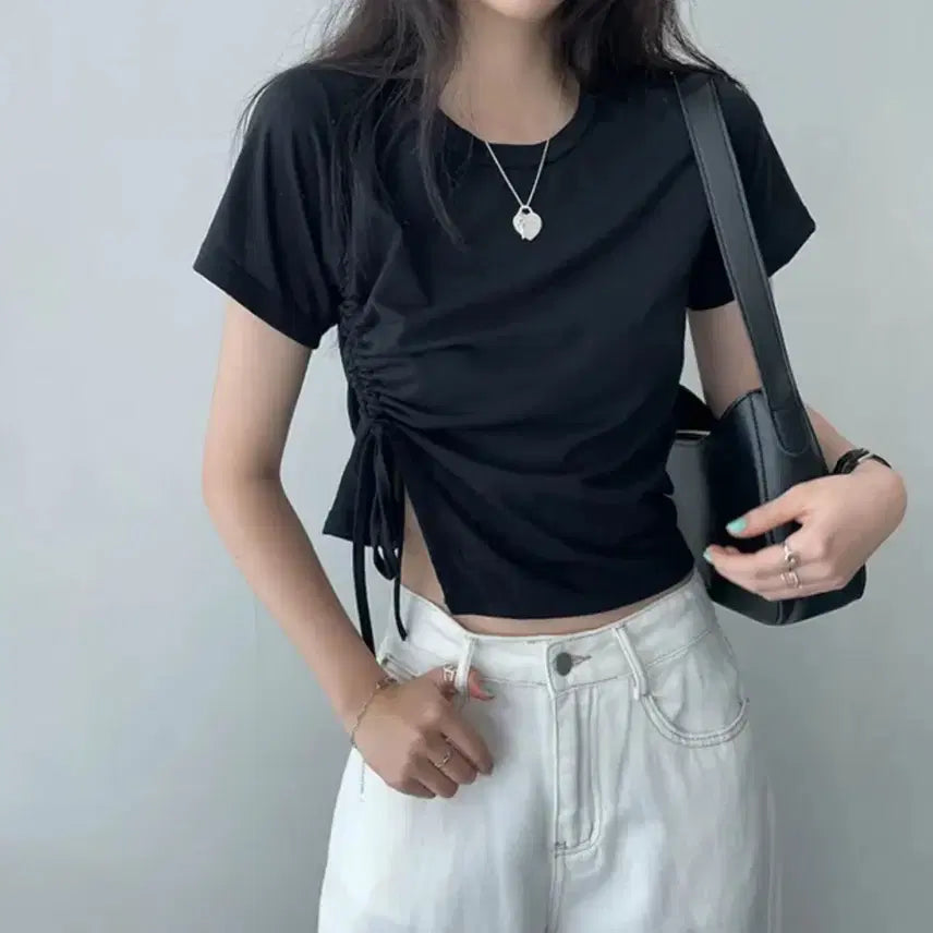 [BUNJANG] Shirring String Short Sleeve T-Shirt / 셔링 스트링 반팔티