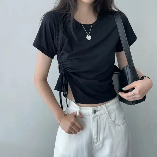 [BUNJANG] Shirring String Short Sleeve T-Shirt / 셔링 스트링 반팔티