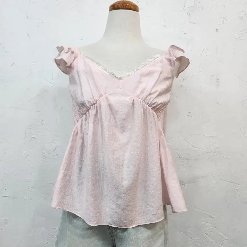 [BUNJANG] Pink Shirring Lace Blouse Women's Top / 핑크 셔링 블라우스 레이스 여성 상의