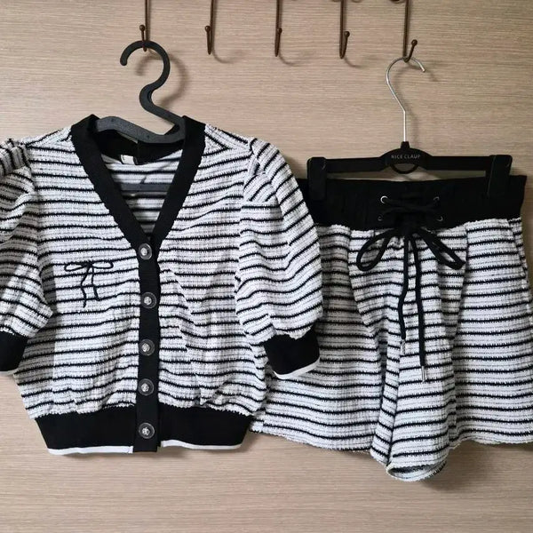 [BUNJANG] Stripe Tweed Short Sleeve Set / 스트라이프 트위드 반팔 세트