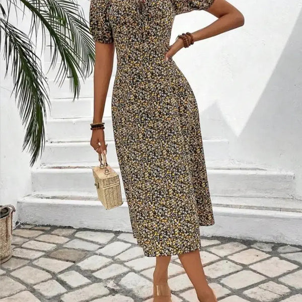 [BUNJANG] Plus Size Floral Print Square Neck Long Dress / 새상품 빅사이즈 66 77 xl 꽃무늬 리본 트임 스퀘어넥 롱 원피스