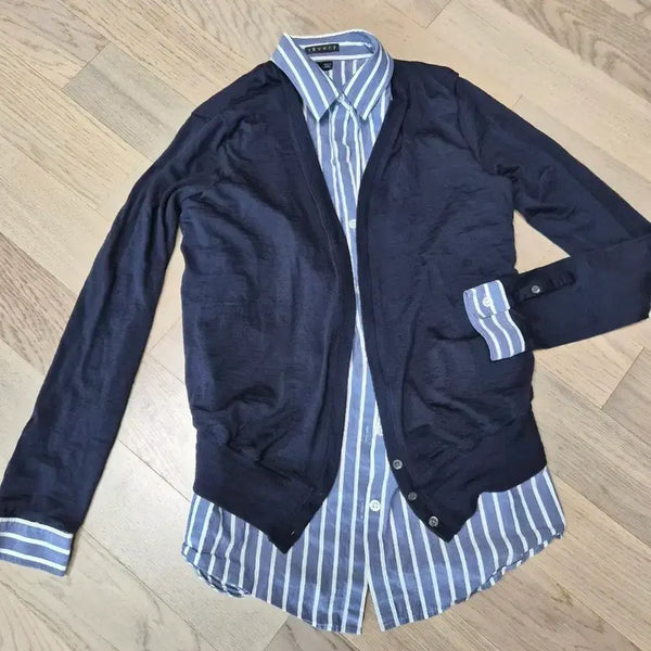 [BUNJANG] Theory Navy Cardigan & Stripe Shirt Set / 띠어리 네이비 가디건 + 스트라이프 셔츠