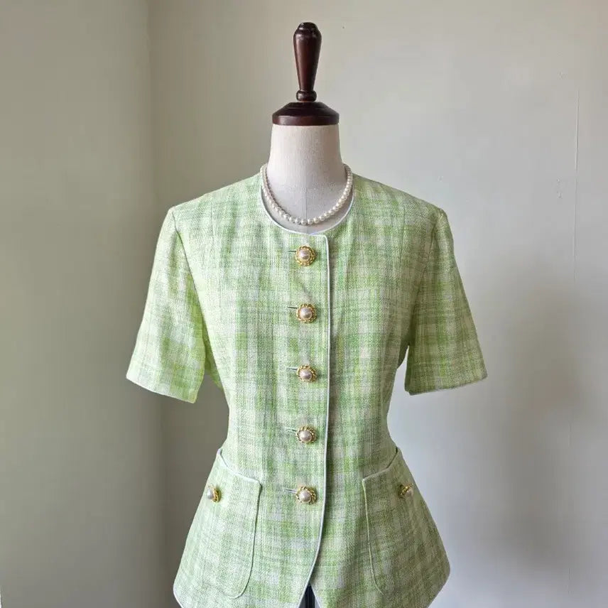 [BUNJANG] Mint Check Short Sleeve Tweed Jacket / 연두 체크 반팔 트위드 자켓