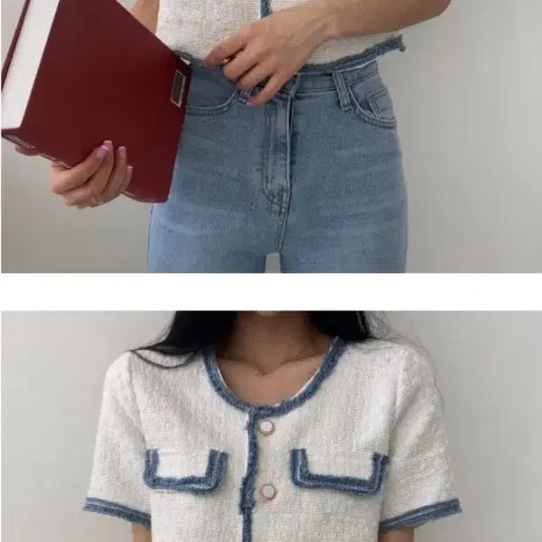 [BUNJANG] Tweed Cropped Jacket with Blue Accents / 트위드 소재에 시원한 블루 배색이 돋보이는 크롭 자켓이에요