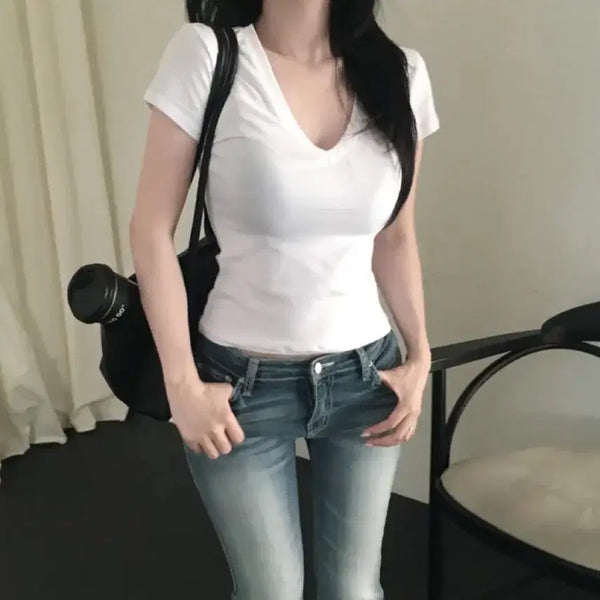 [BUNJANG] Hinique Deep V-Neck Short Sleeve T-Shirt - White / [새상품]히니크 딥브이넥 반팔티 화이트color