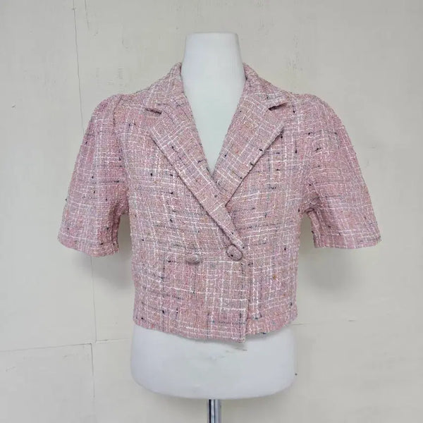 [BUNJANG] Pink Short Sleeve Tweed Crop Jacket / 새상품 _ 핑크컬러 반팔 트위드 크롭 자켓